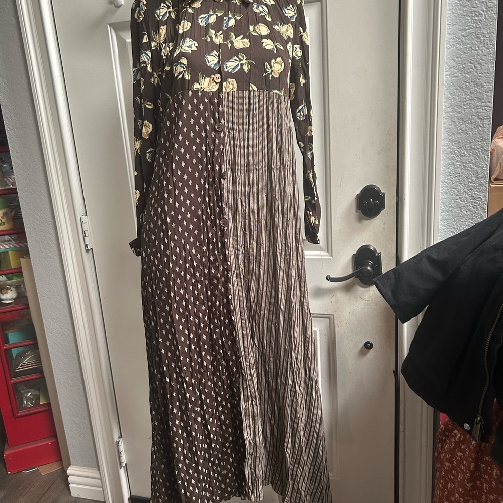 Vintage United Colors Of Benetton Brown Floral Long Sleeve Dress Sz 38 - Picture 2 of 16